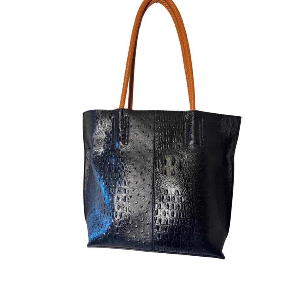 Unbranded Tote Bag Womens Large Black Cognac Excellent Ostrich Croc Emboss Pouch